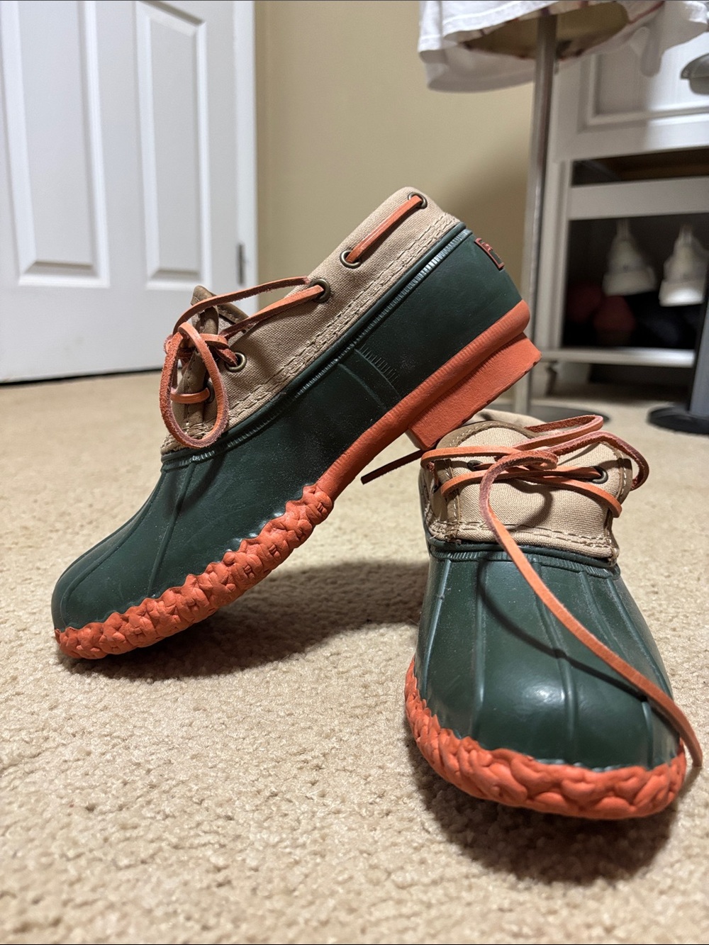 L.L. Bean Green, Tan and Orange Duck-Style Rain Boots - Picture 2 of 3